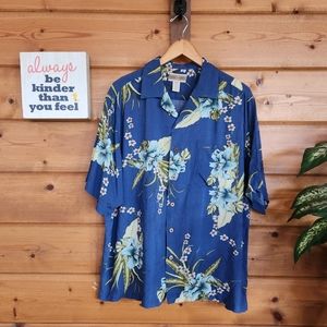 Original Island Sport 💙 Blue Hawaiian‎ Wood Button Down Shirt Tropical Floral M